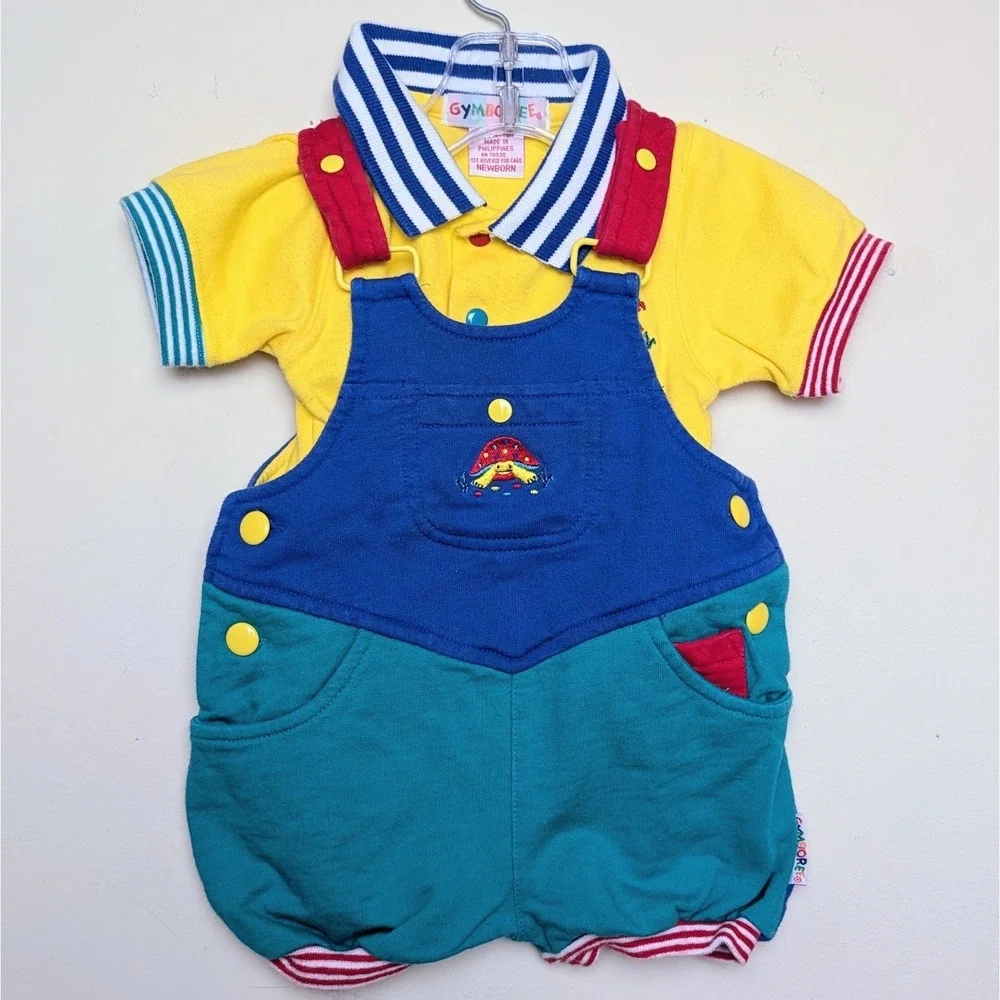 VTG Gymboree Turtle Bubble Overalls Shirt 2pc Set‎ Rainbow Tag 90s Baby Newborn